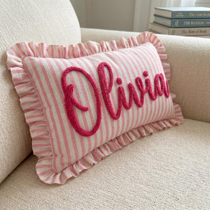 Custom Embroidered Name Pillow | Personalized Striped Ruffled Punch Needle Throw Pillow 685556 WFD