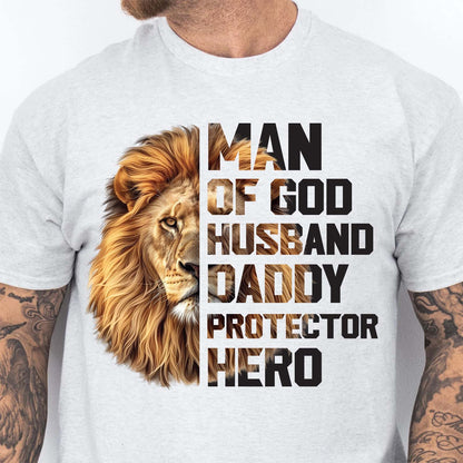Christian Dad Shirt | Man Of God Lion Tee With Cross And Bible Verse | Jesus-Inspired Father’s Day Gift for Religious Dad 682250