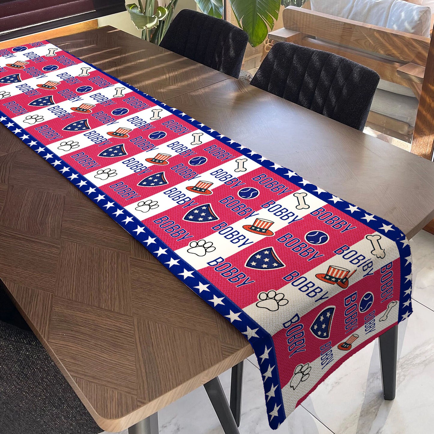 Personalized Dog Name Decor With Paw Print Table Runner | Patriotic 4th Of July Table Runner For Kitchen 682367