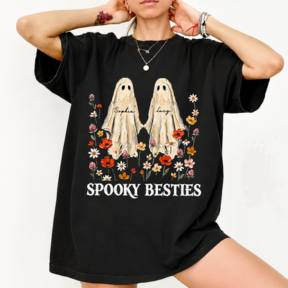 Custom Name Spooky Besties Dark Shirt, Personalized Ghost Floral Tee, Halloween Gifts For Friends 685971