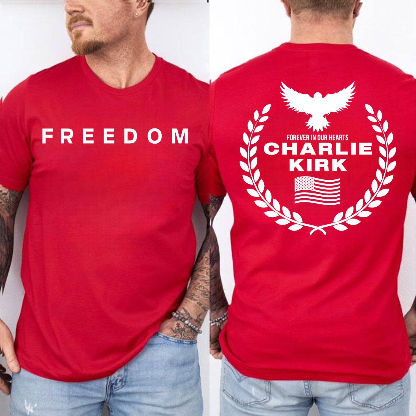 Red Charlie Kirk FREEDOM Shirt | Charlie Kirk Memorial Red Shirt | We Wear Red Charlie Kirk Birthday October 14 | Red Front & Back Shirt 683077