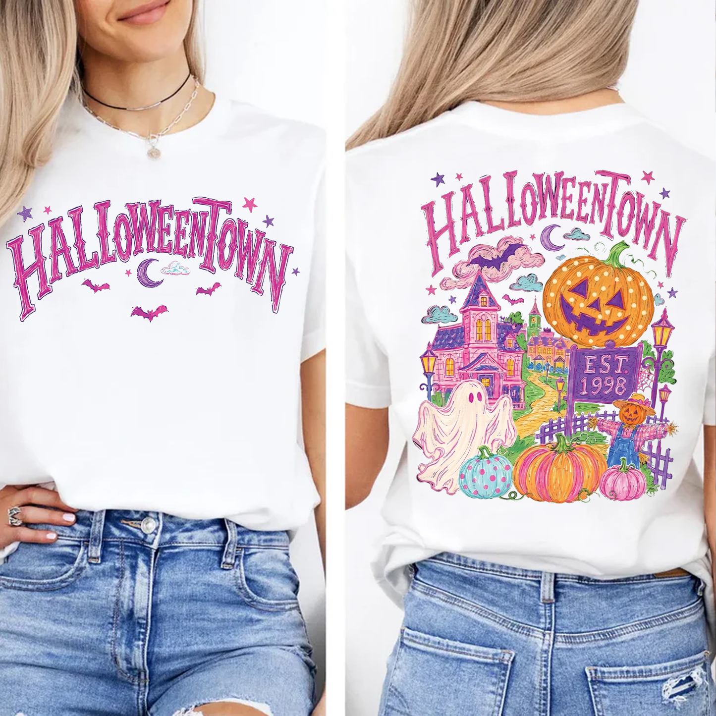 Retro Halloweentown Est 1998 Graphic Front & Back Bright Shirt, Trendy Pastel Halloween Apparel 685861