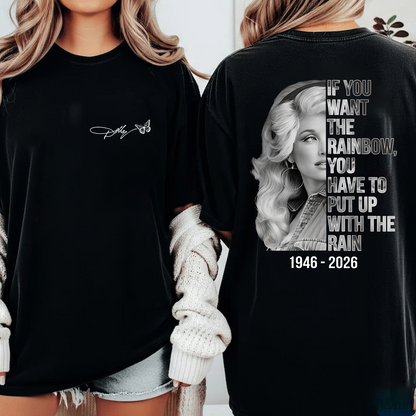 "If You Want The Rainbow" Dolly Parton Memorial Pocket & Back Dark Shirt, Country Music Tribute Tee, Butterfly Signature Graphic Shirt 686069
