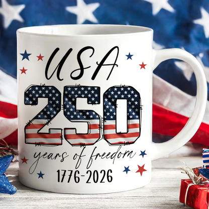 USA 250 Years Of Freedom Mug | Patriotic 4th Of July Coffee Cup | Independence Day White Mug Accent Mug 684774