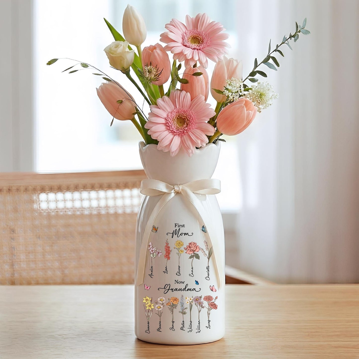 Custom Name First Mom Now Grandma Ceramic Flower Vase | Personalized Birth Month Flower Vase Gift For Mother's Day 684842