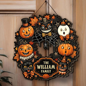 Custom Family Name Halloween Wooden Sign - Vintage Pumpkin & Black Cat Door Wreath 685857