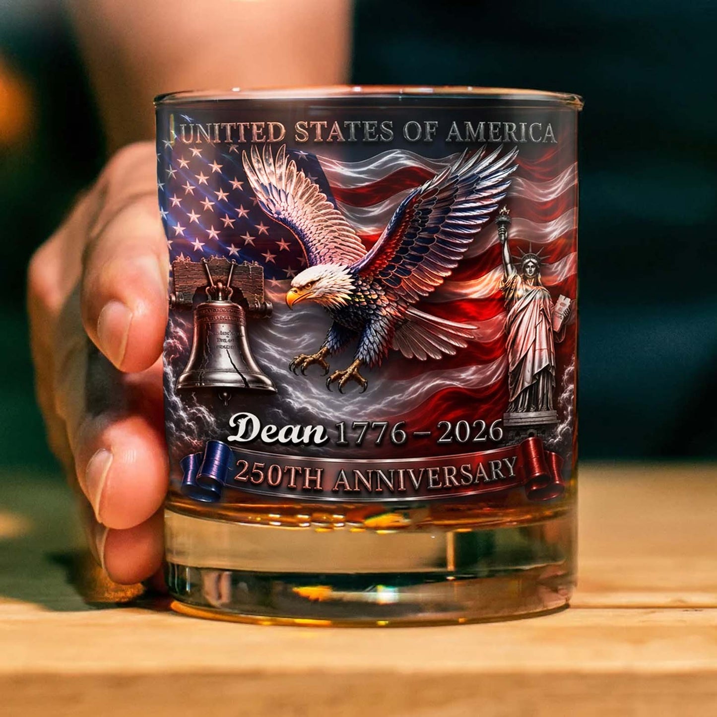 Personalized USA 250th Anniversary Whiskey Glass, Custom Name Patriotic 4th Of July Glass 685289