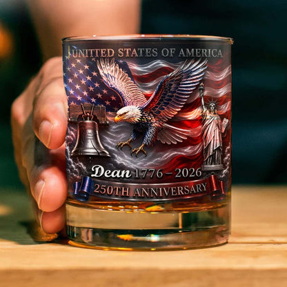 Personalized USA 250th Anniversary Whiskey Glass, Custom Name Patriotic 4th Of July Glass 685289