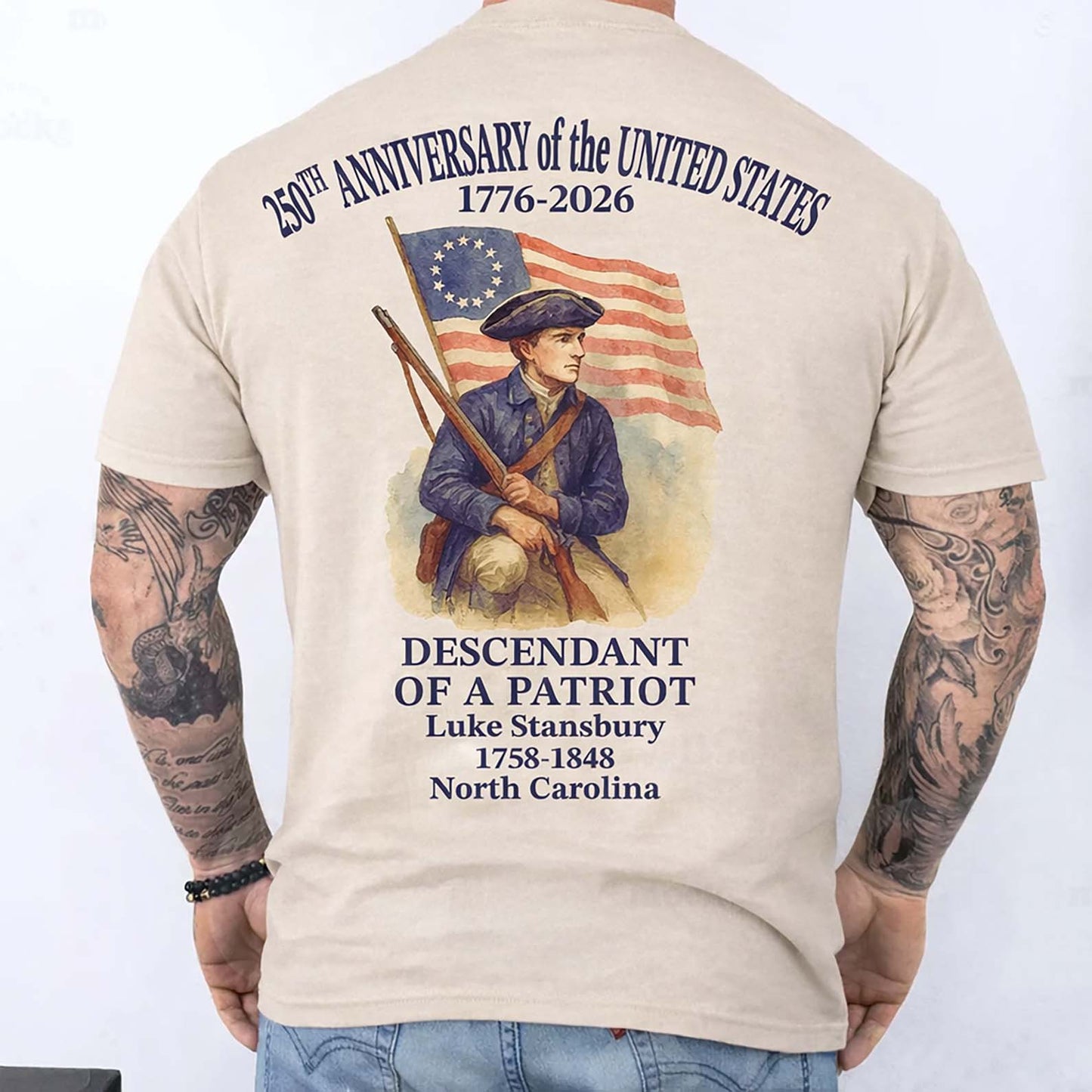 Custom Name 250 Years of America Backside Shirt | Personalized Descendant of a Patriot | Patriotic 1776–2026 Tee 684228