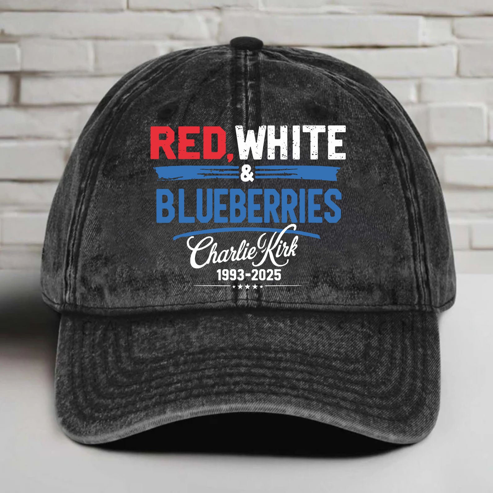 Red White & Blueberries Charlie Kirk Printed Vintage Washed Denim Baseball Cap | Justice for Charlie Kirk Hat 683073
