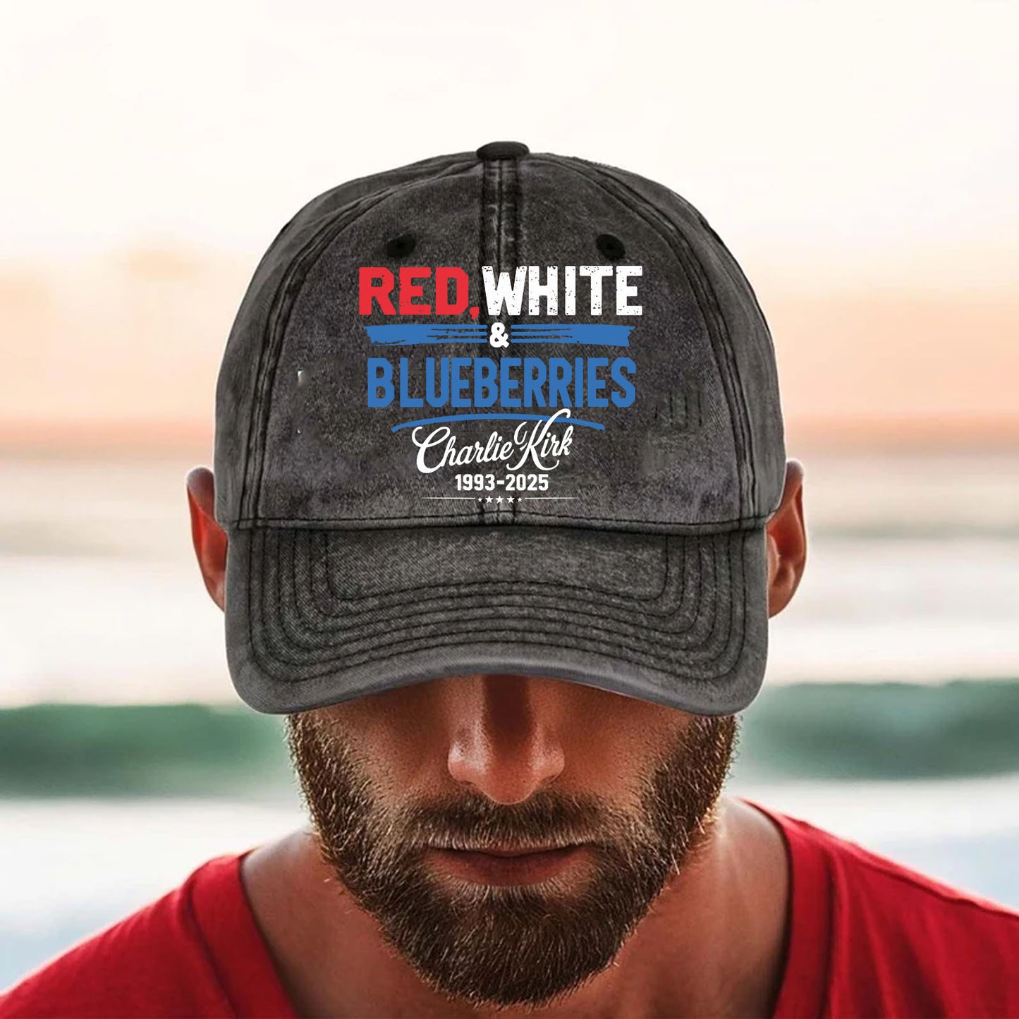 Red White & Blueberries Charlie Kirk Printed Vintage Washed Denim Baseball Cap | Justice for Charlie Kirk Hat 683073