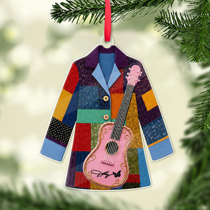 Dolly Parton Coat of Many Colors Acrylic Ornament, Pink Guitar Country Music Christmas Ornament 686130