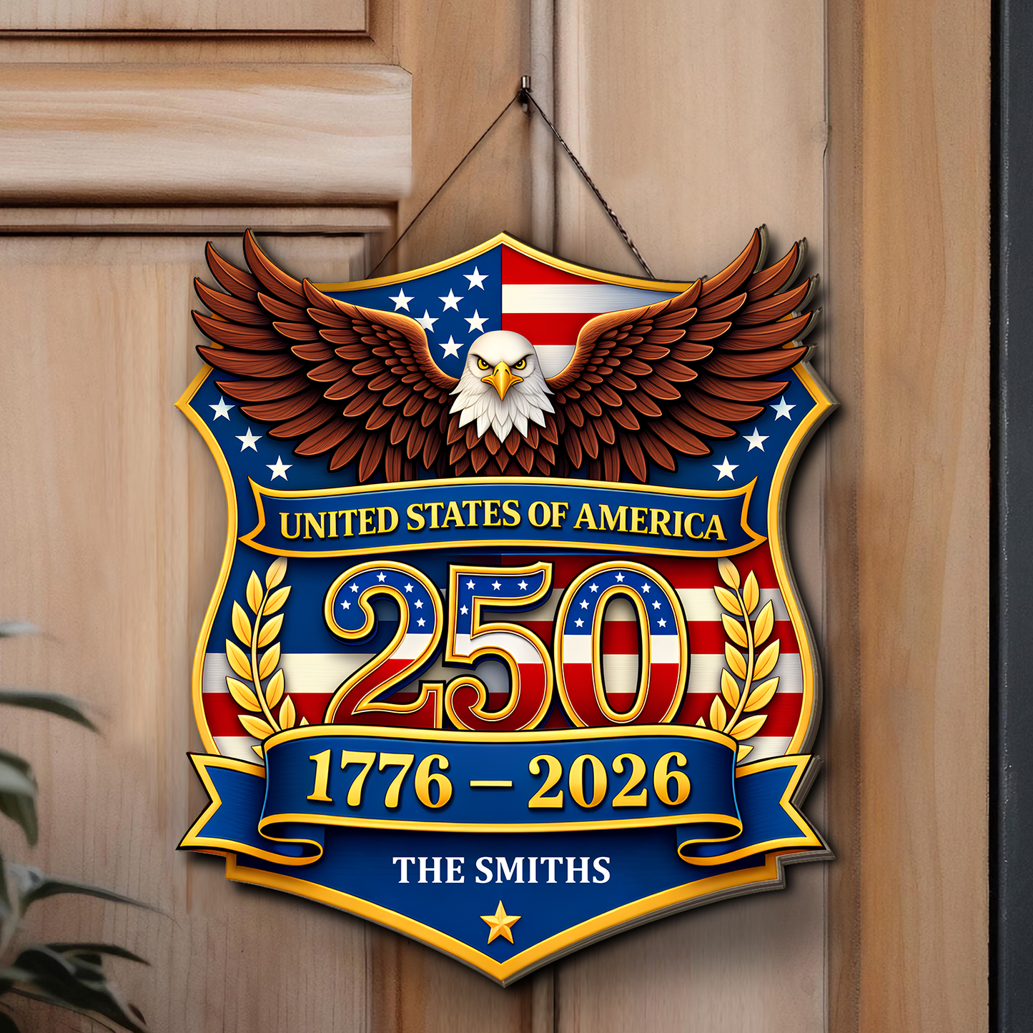 Personalized America 250th Anniversary Wooden Sign | Custom Family Name Patriotic Eagle Wall Decor 684553