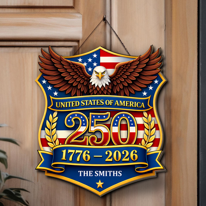 Personalized America 250th Anniversary Wooden Sign | Custom Family Name Patriotic Eagle Wall Decor 684553