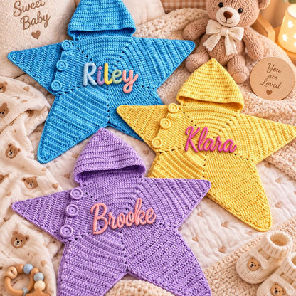 Custom Name Starfish Baby Bodysuit, Hand Crochet Hooded Swaddle Sleep Sack, Personalized Gift For Newborn 686554 WFD
