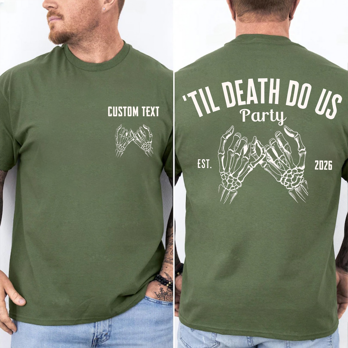 Personalized Bride Or Die Pocket & Back Dark Shirt, Funny Halloween Party Tee, Spooky Skeleton Hands Shirt 685667