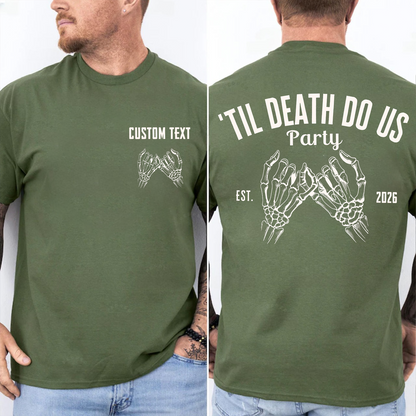 Personalized Bride Or Die Pocket & Back Dark Shirt, Funny Halloween Party Tee, Spooky Skeleton Hands Shirt 685667