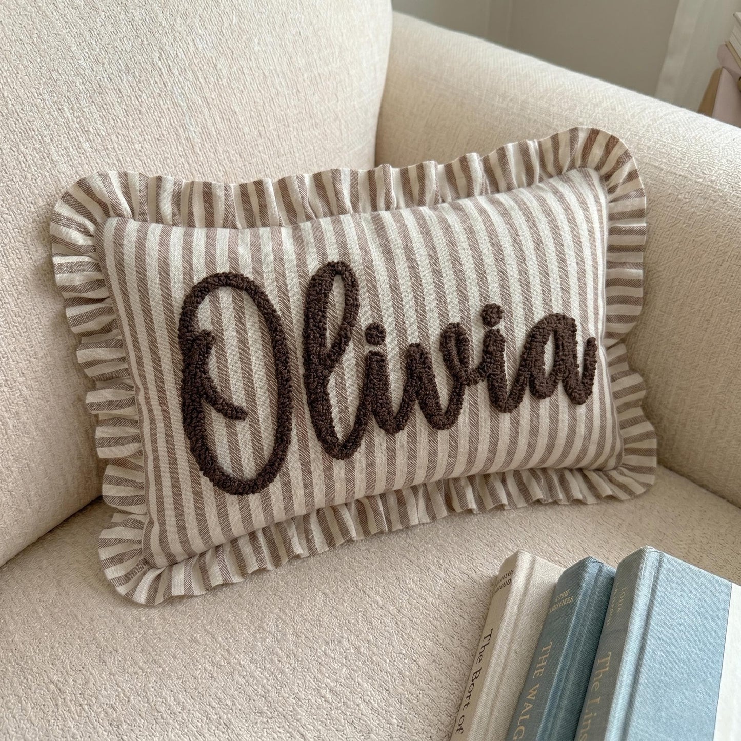 Custom Embroidered Name Pillow | Personalized Striped Ruffled Punch Needle Throw Pillow 685556 WFD