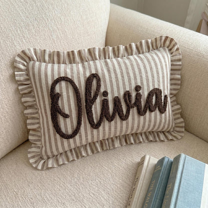Custom Embroidered Name Pillow | Personalized Striped Ruffled Punch Needle Throw Pillow 685556 WFD