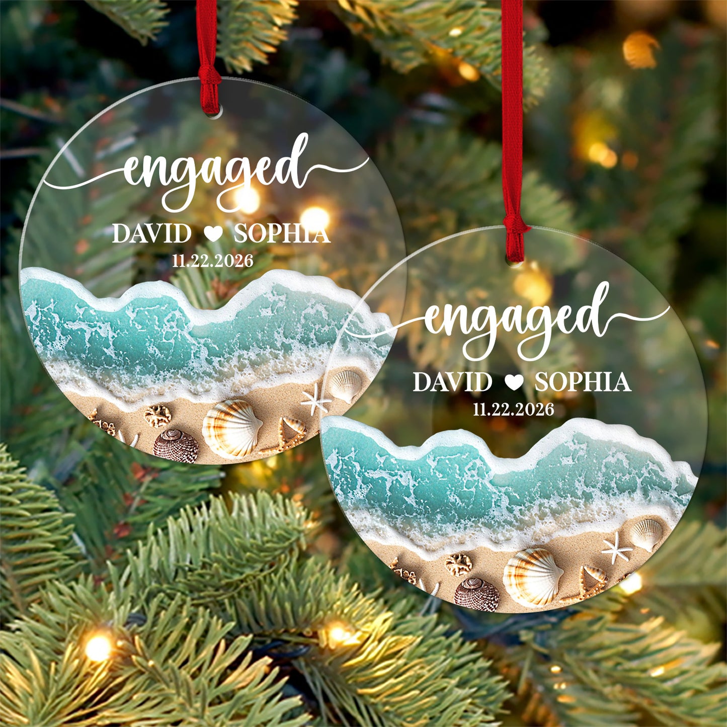 Personalized Beach Engaged Acrylic Ornament, First Christmas Engaged Gift, Couple Christmas Keepsake Gift 685766