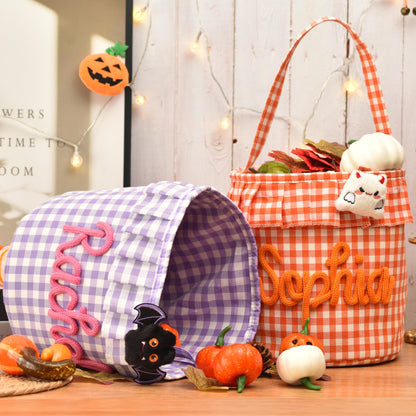 Personalized Halloween Candy Basket For Kids, Custom Name Trick Or Treat Bucket, Embroidered Gingham Bucket 685717 WFD