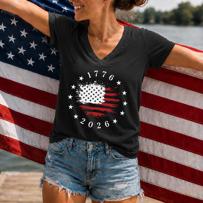 Personalized USA 250th Anniversary V-Neck Shirt, America 1776-2026 Patriotic Flag Women Tee 685347