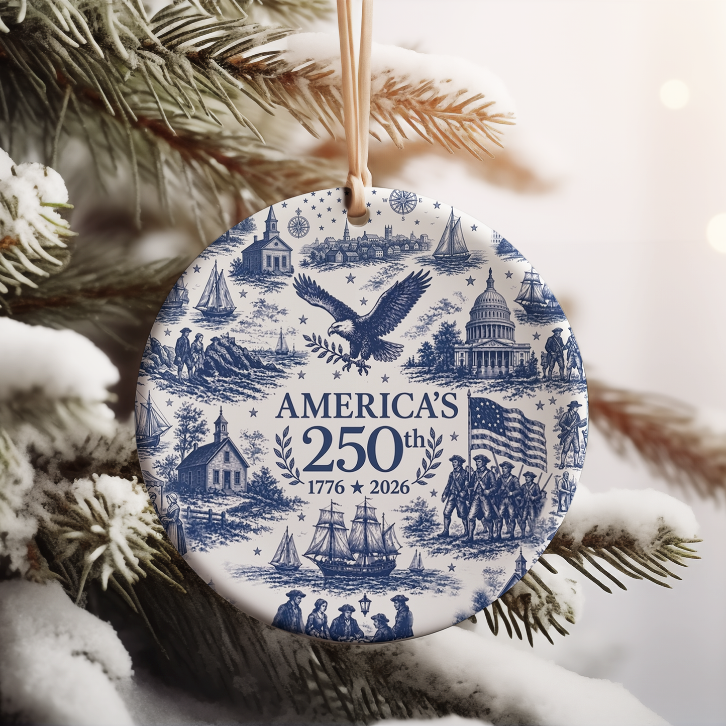 America 250th Anniversary Ceramic Ornament | 1776-2026 Blue Toile Christmas Ornament | USA Heritage Gift 685753