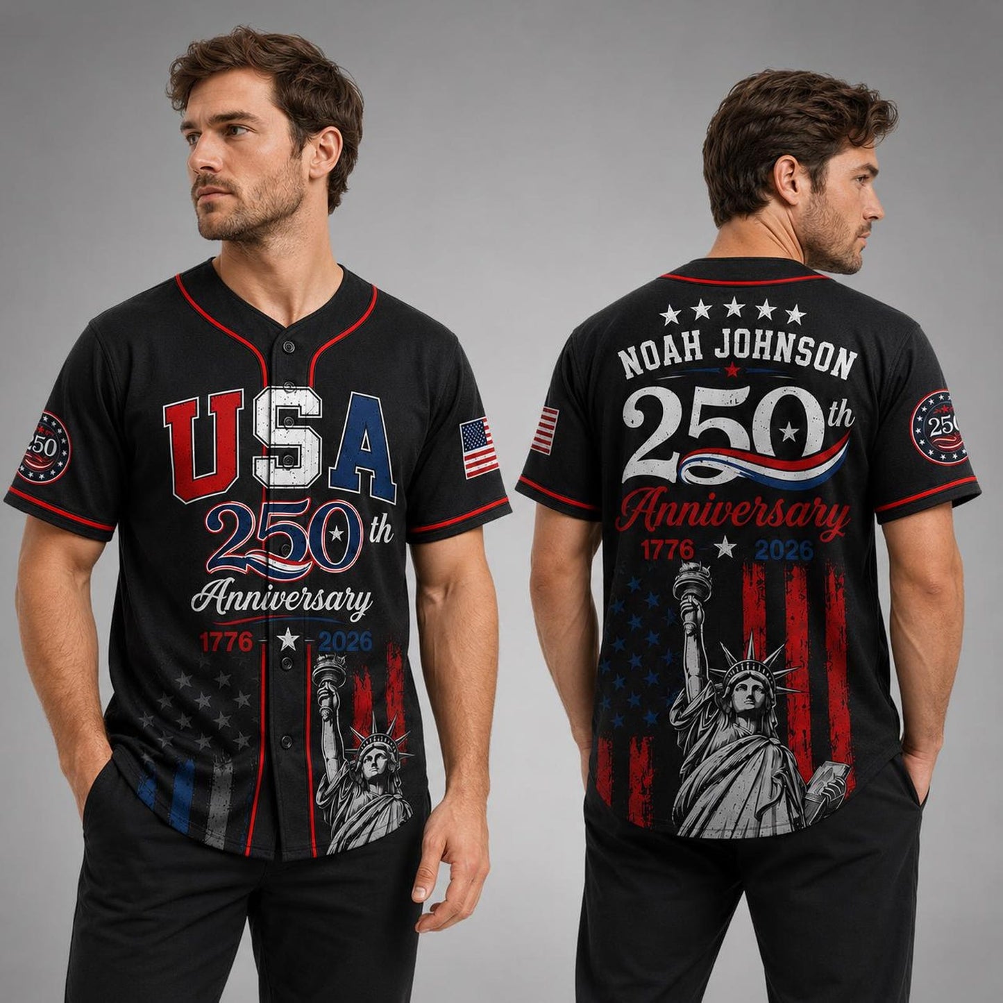 Black USA 250th Anniversary Baseball Jersey, Personalized 1776-2026 Jersey, Patriotic 4th Of July Shirt 685244