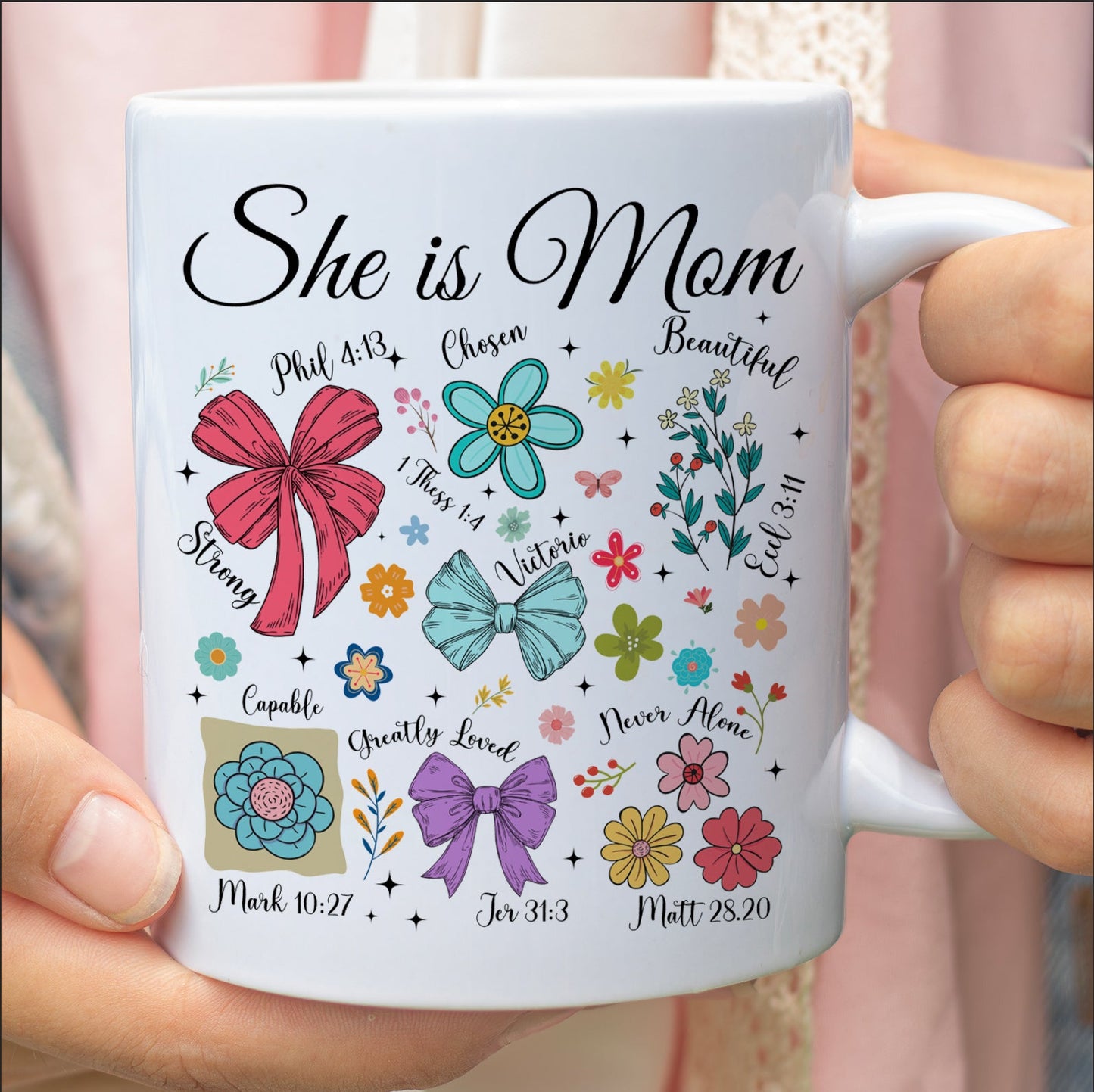 She Is Mom Christian Mug – Bible Verse Floral Mug for Faithful Moms, Religious Coquette Mother’s Day Gift 682152