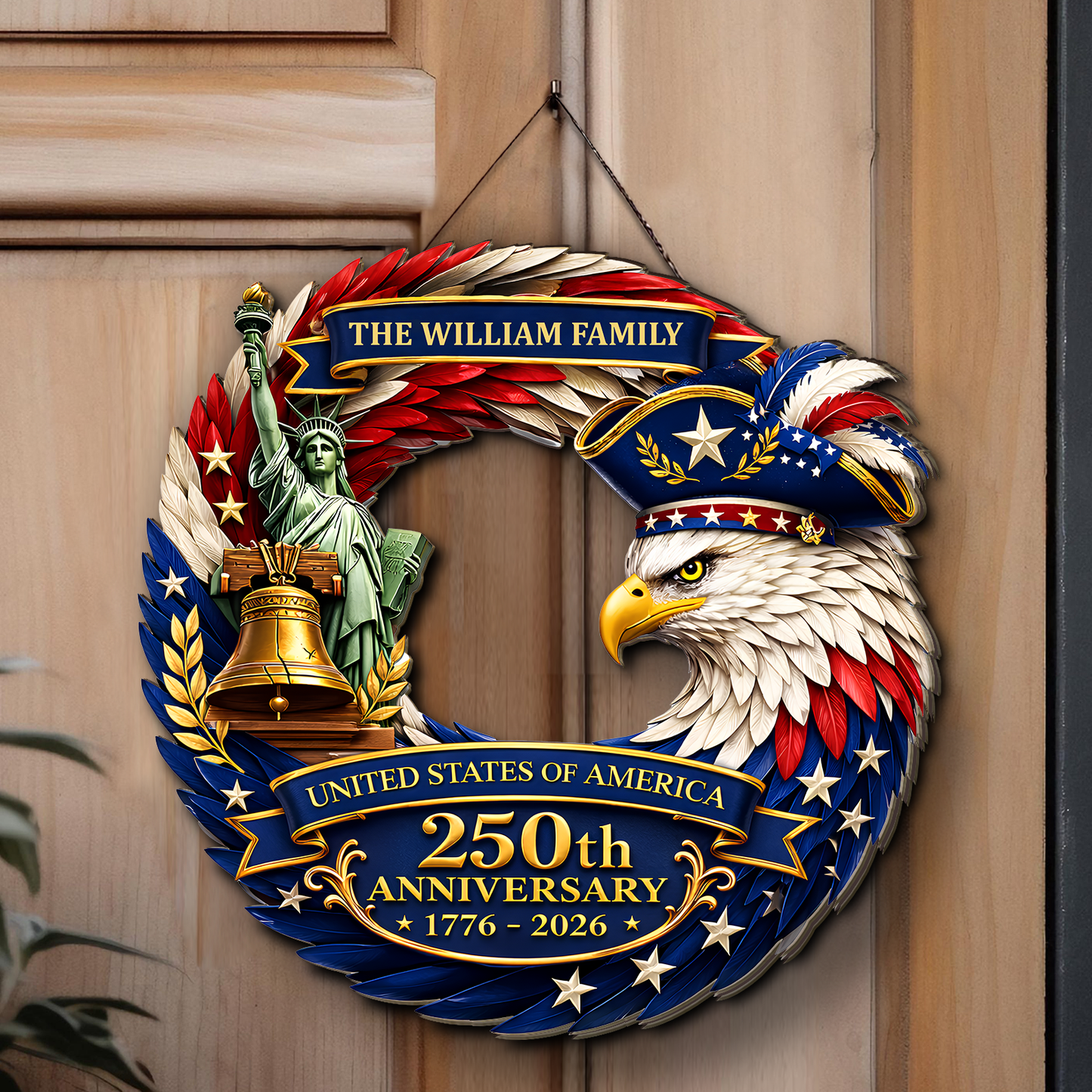 Personalized America 250th Anniversary Wooden Sign | Patriotic Eagle Door Wreath Wall Decor 684552