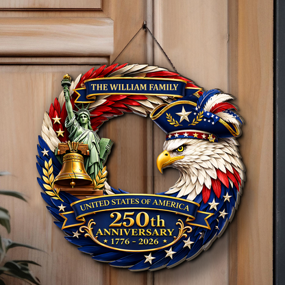 Personalized America 250th Anniversary Wooden Sign | Patriotic Eagle Door Wreath Wall Decor 684552
