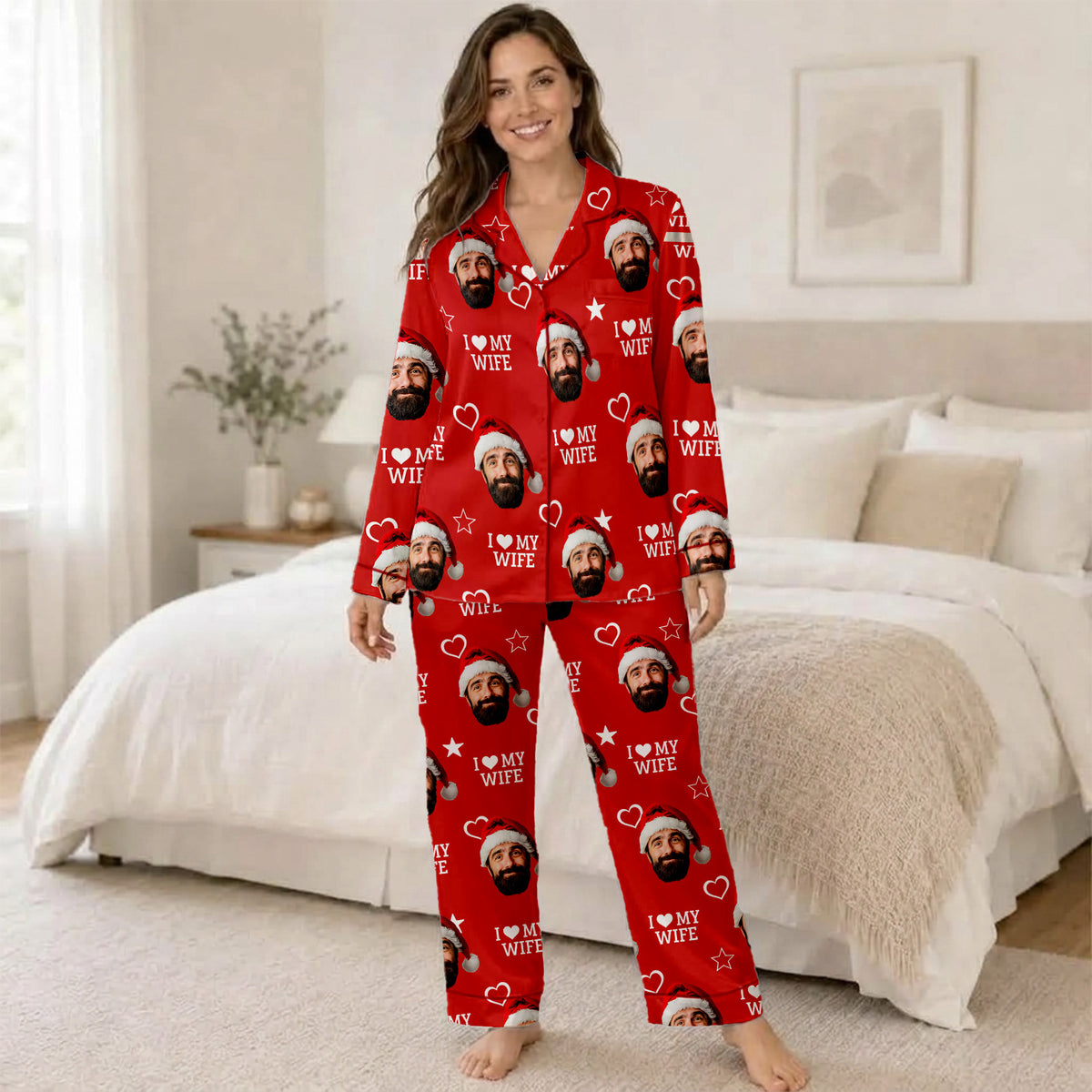 Custom Photo Satin Pajamas, Personalized Couple Sleepwear, Christmas Gift For Husband, Wife, Anniversary 686328
