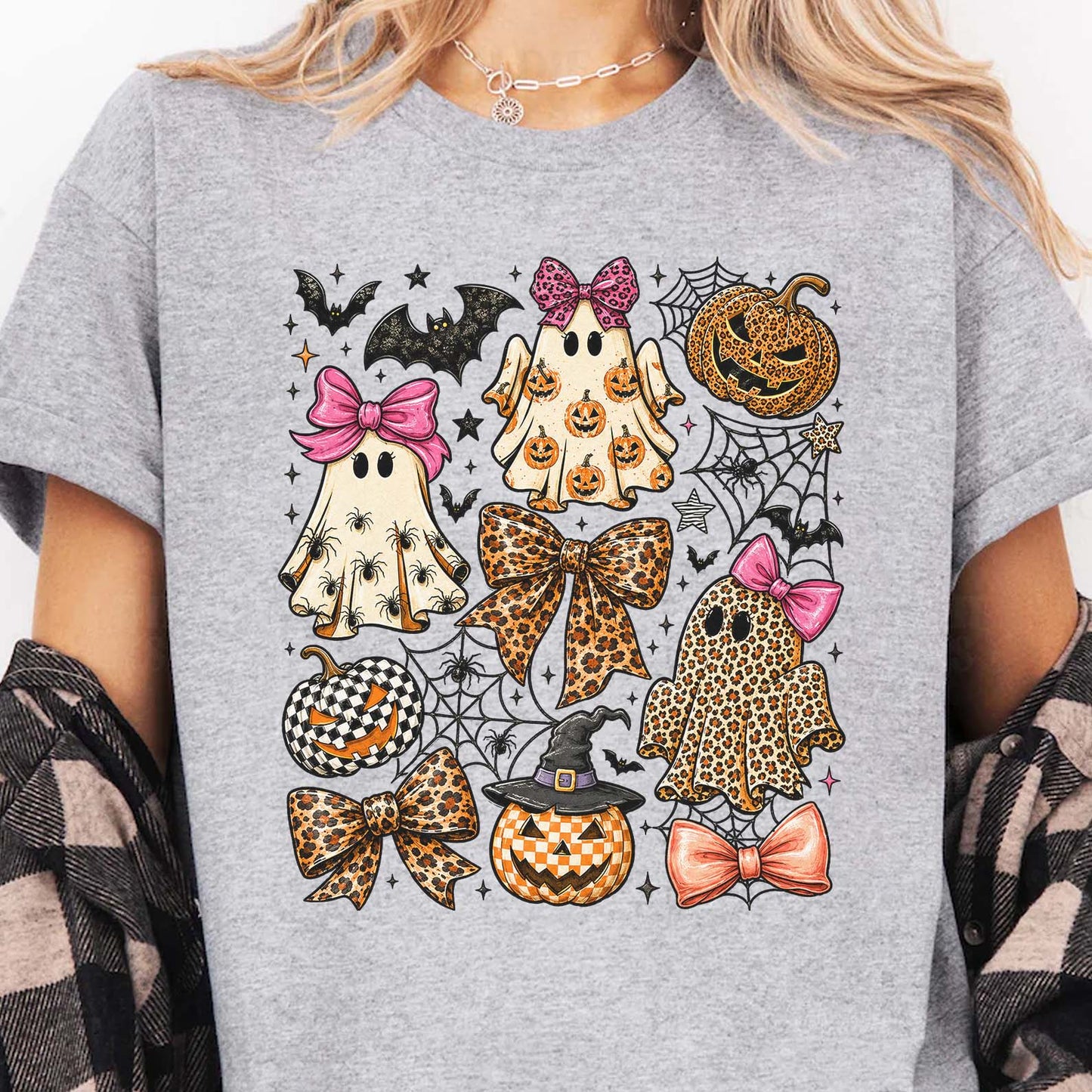 Coquette Leopard Pumpkin Ghost Bright Shirt, Retro Halloween Girly Ghost Tee 685659