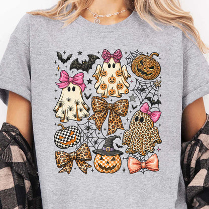 Coquette Leopard Pumpkin Ghost Bright Shirt, Retro Halloween Girly Ghost Tee 685659