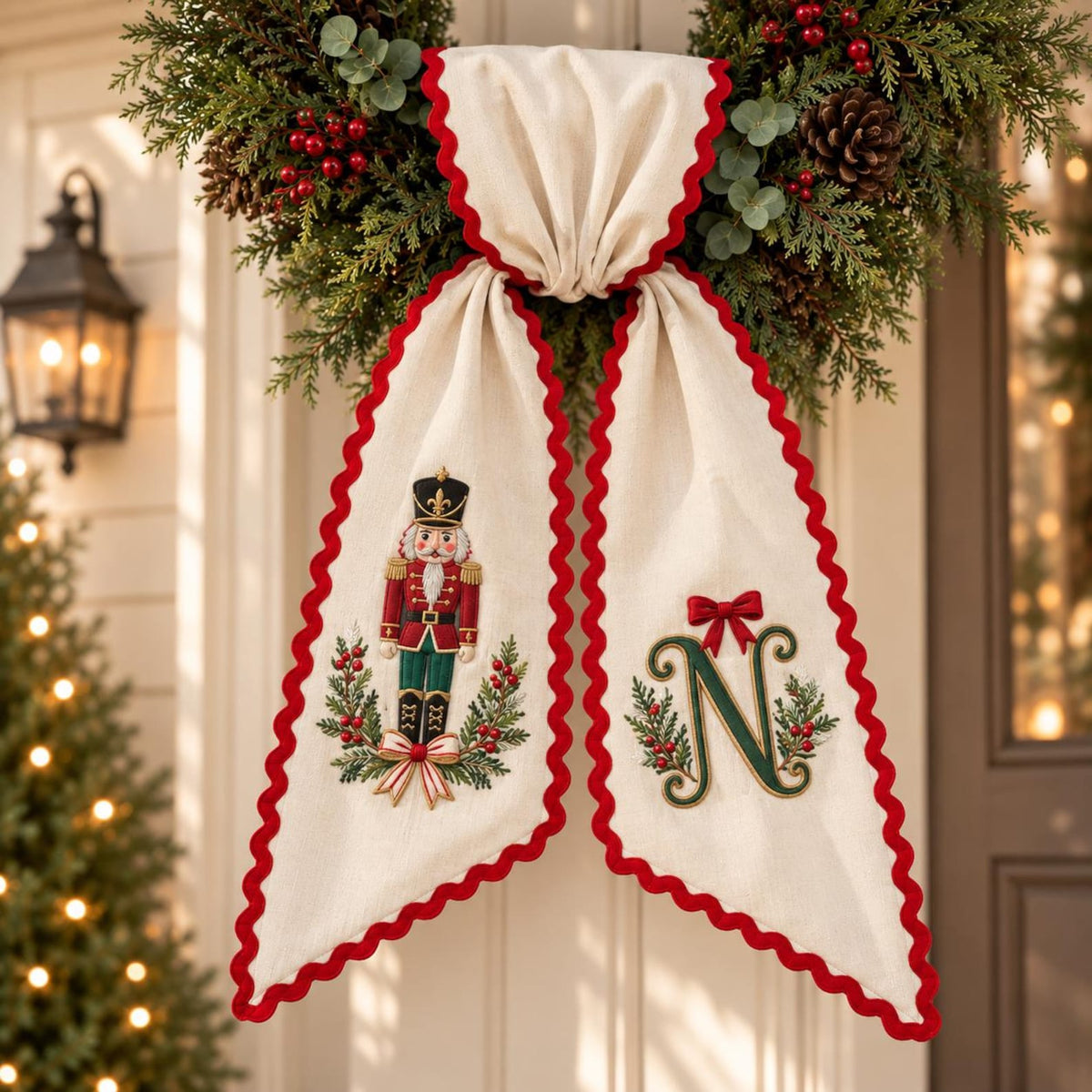 Personalized Christmas Wreath Sash, Embroidered Nutcracker & Monogram Letter, Custom Name Holiday Door Decor 686901 WFD