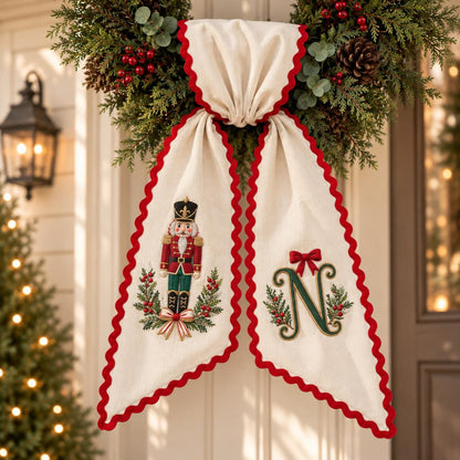 Personalized Christmas Wreath Sash, Embroidered Nutcracker & Monogram Letter, Custom Name Holiday Door Decor 686901 WFD