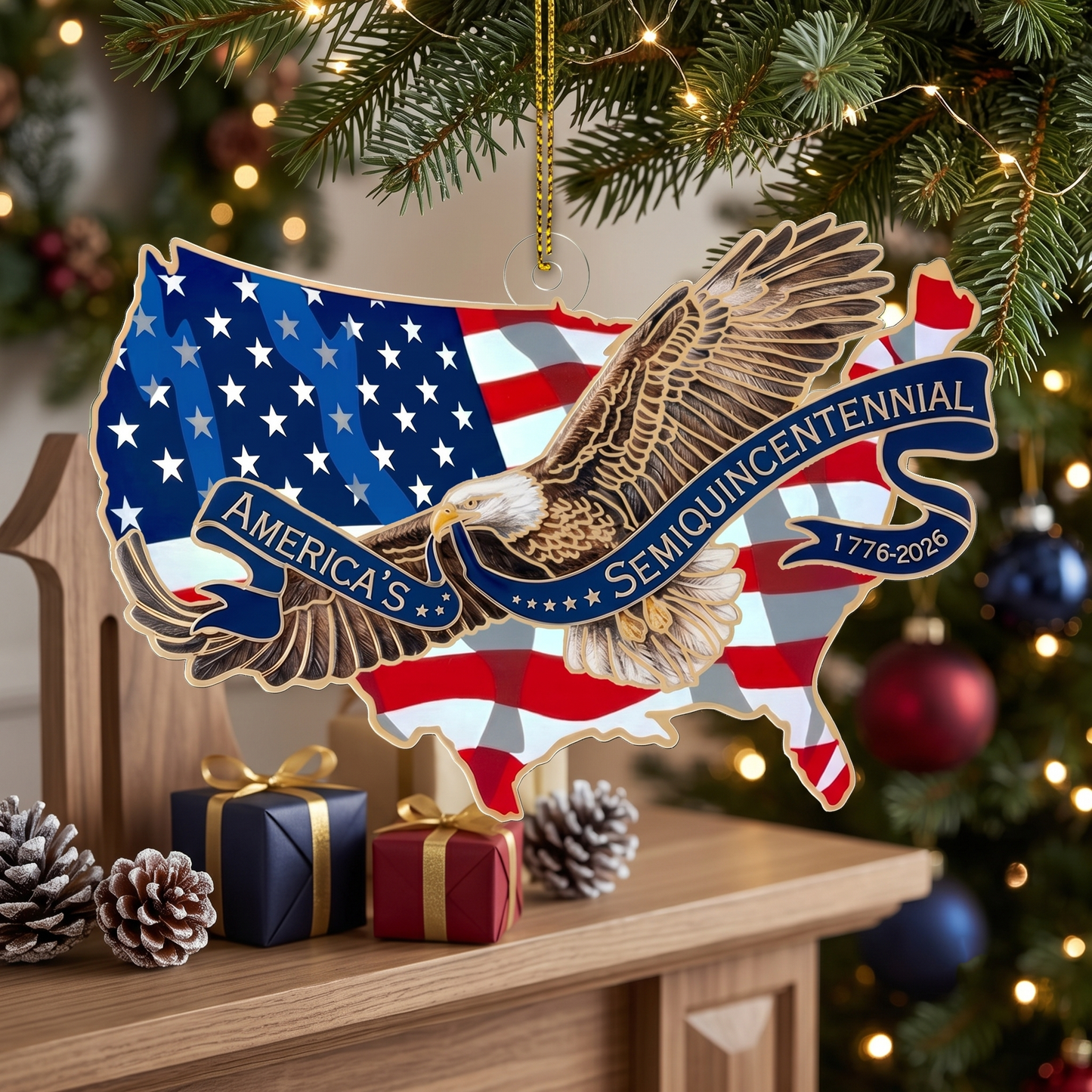 America 250th Anniversary Acrylic Ornament | Patriotic Christmas Bald Eagle & US Map Semiquincentennial Keepsake 685750