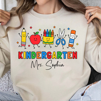 Custom Name Kindergarten Teacher Bright Shirt, Personalized Vintage School Supplies Tee, Back To School Gift 685731