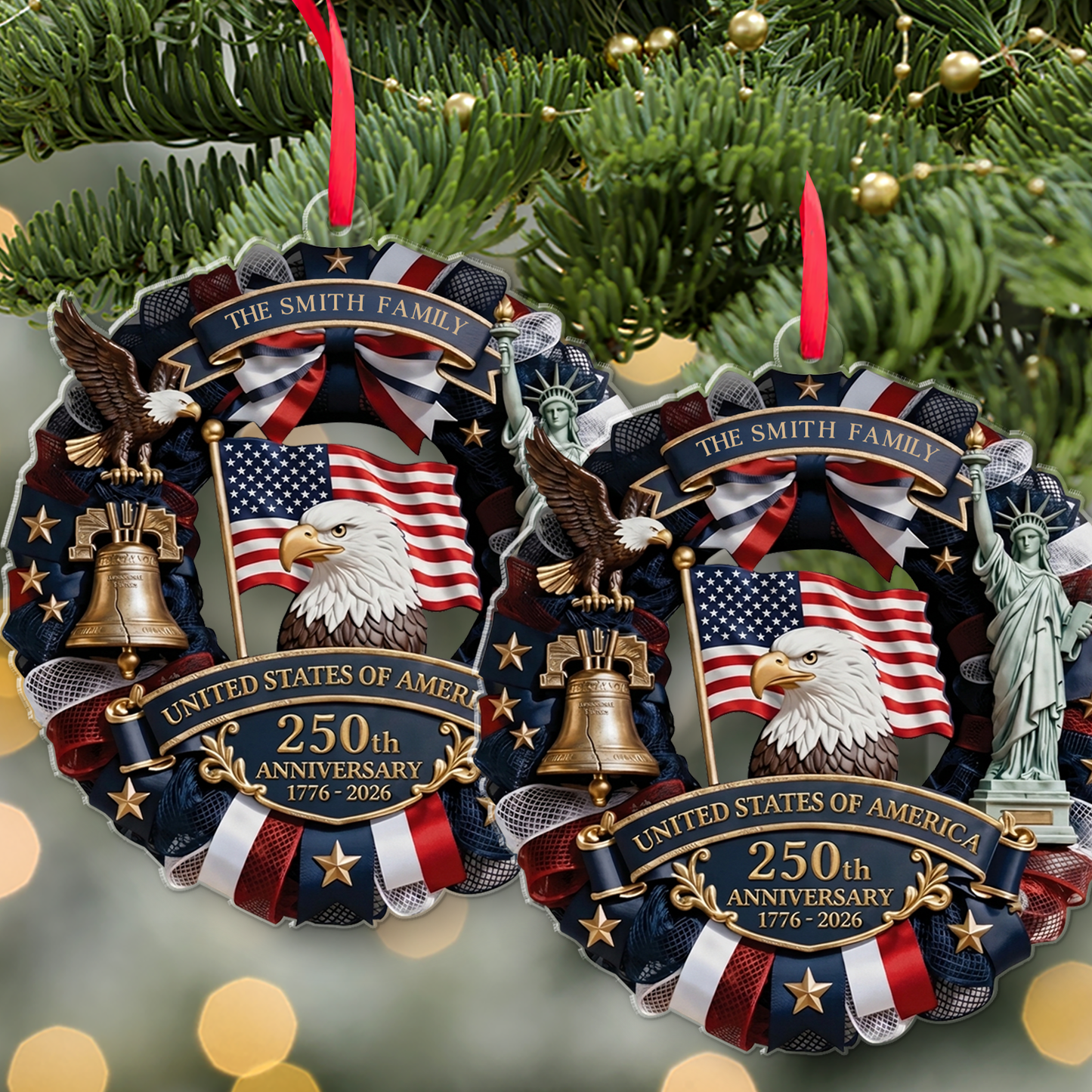 Custom Name USA 250th Anniversary Acrylic Ornament, Patriotic Wreath Ornament, Personalized Christmas Family Gift 685872