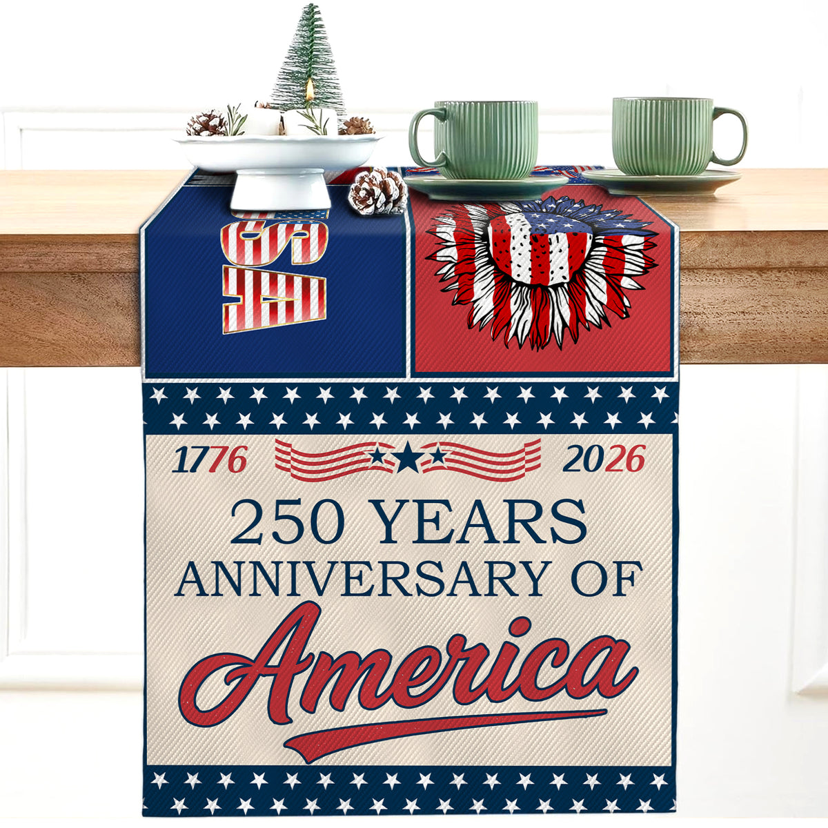 250 Year Patriotic Table Runner | 250th Anniversary Patchwork Inspired Americana Decor | USA Independence Gift 683618