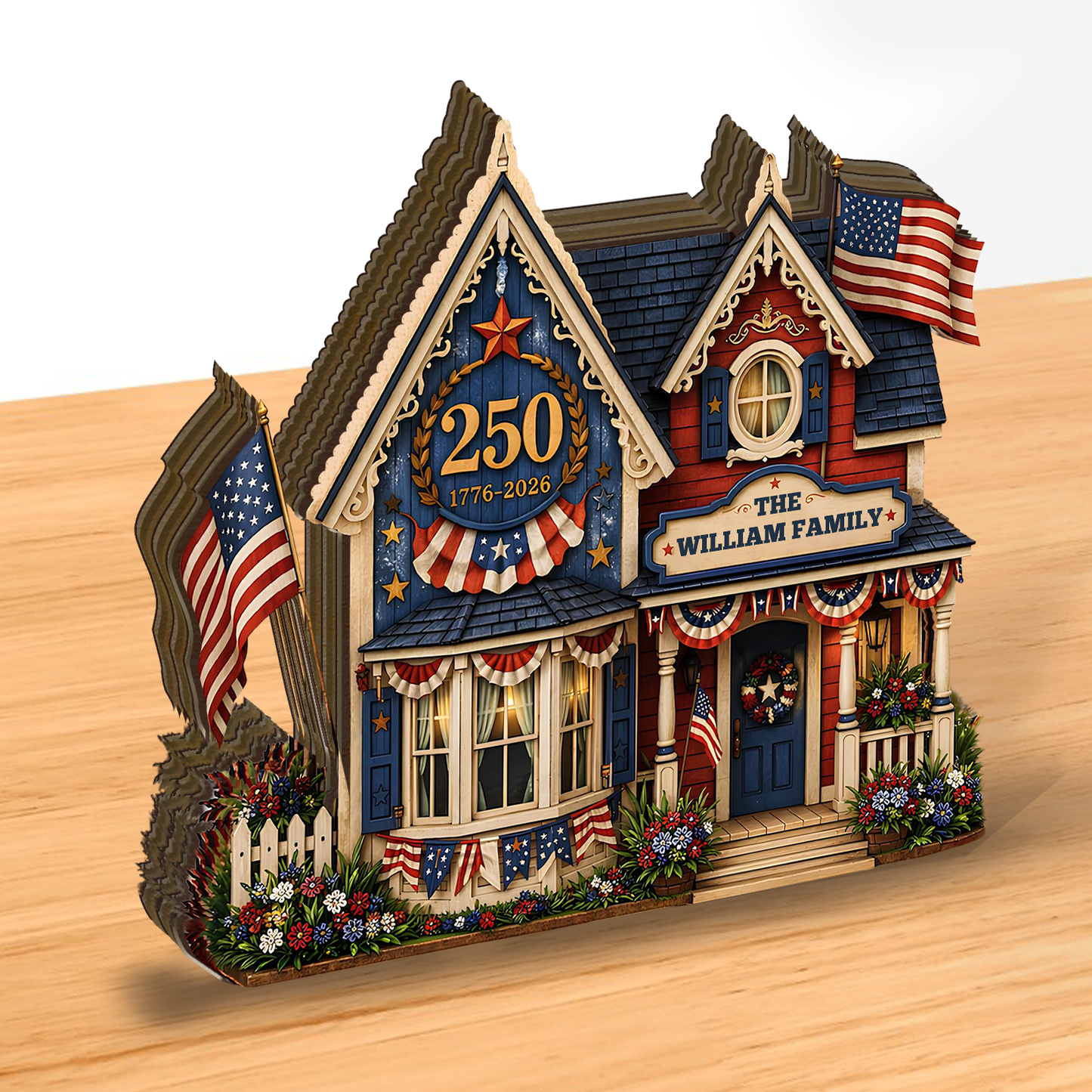 Custom Family Name USA 250th Anniversary Wooden Block | Personalized Wooden House Decor | Patriotic 4th Of July Decoration 685169