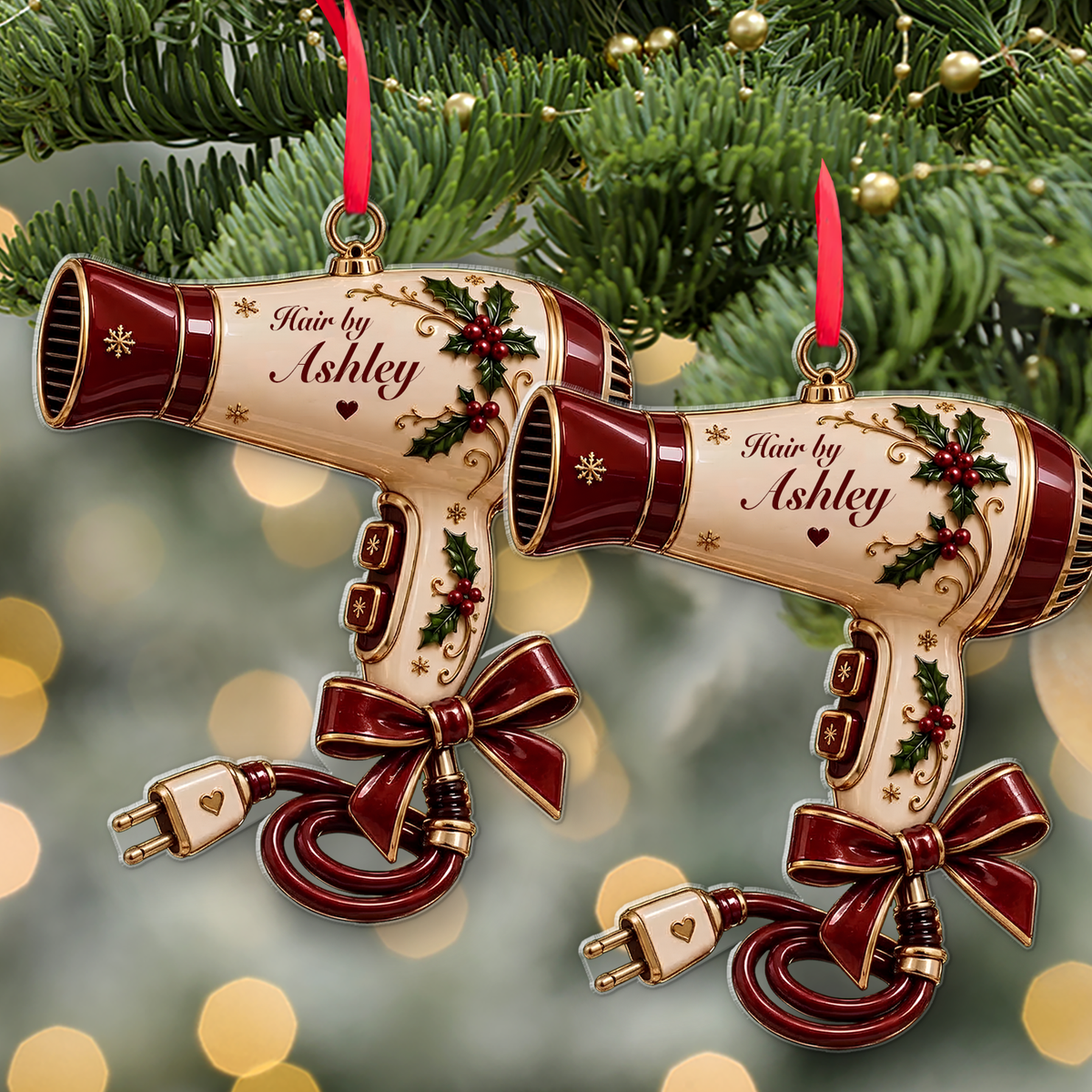 Personalized Hair Dryer Christmas Acrylic Ornament, Custom Name Hair Stylist Ornament, Funny Holiday Decor 686296