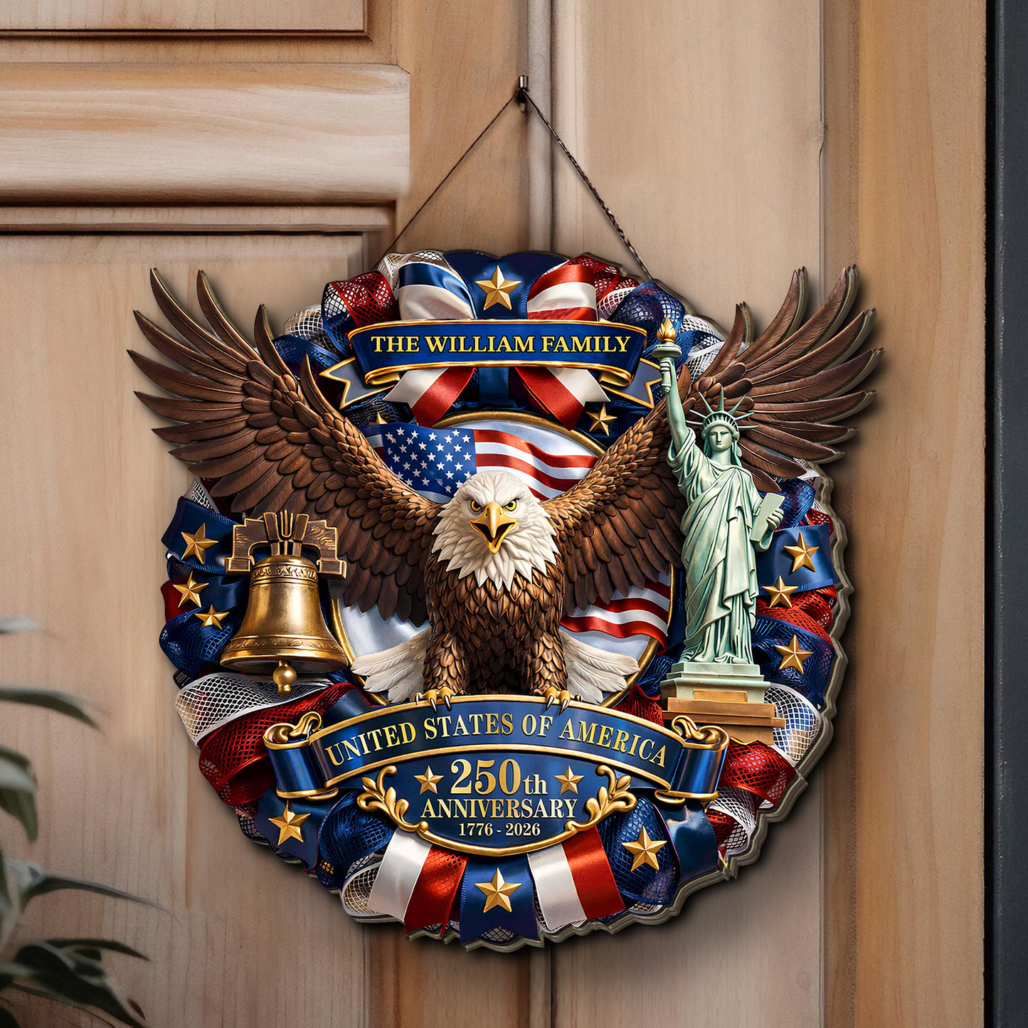 Personalized USA 250 Years Anniversary Wreath Wooden Sign | Patriotic Eagle Door Decor 684524