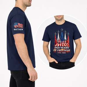 Personalized USA 250 Years Of Freedom Dark Shirt | Custom Name Patriotic 4th Of July Front & Sleeve Shirt 684851