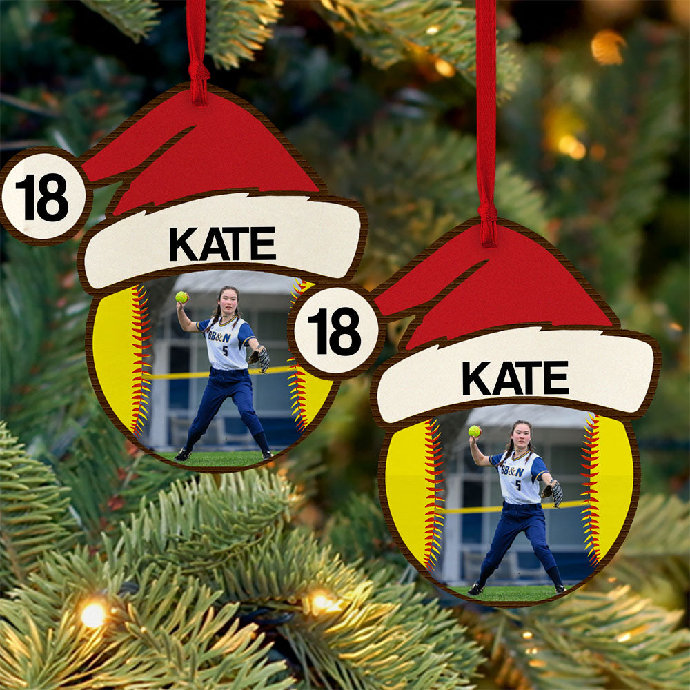 Softball Santa Hat Wooden Ornament | Wooden 1 Layer Ornament for Christmas 682724