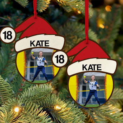 Softball Santa Hat Wooden Ornament | Wooden 1 Layer Ornament for Christmas 682724