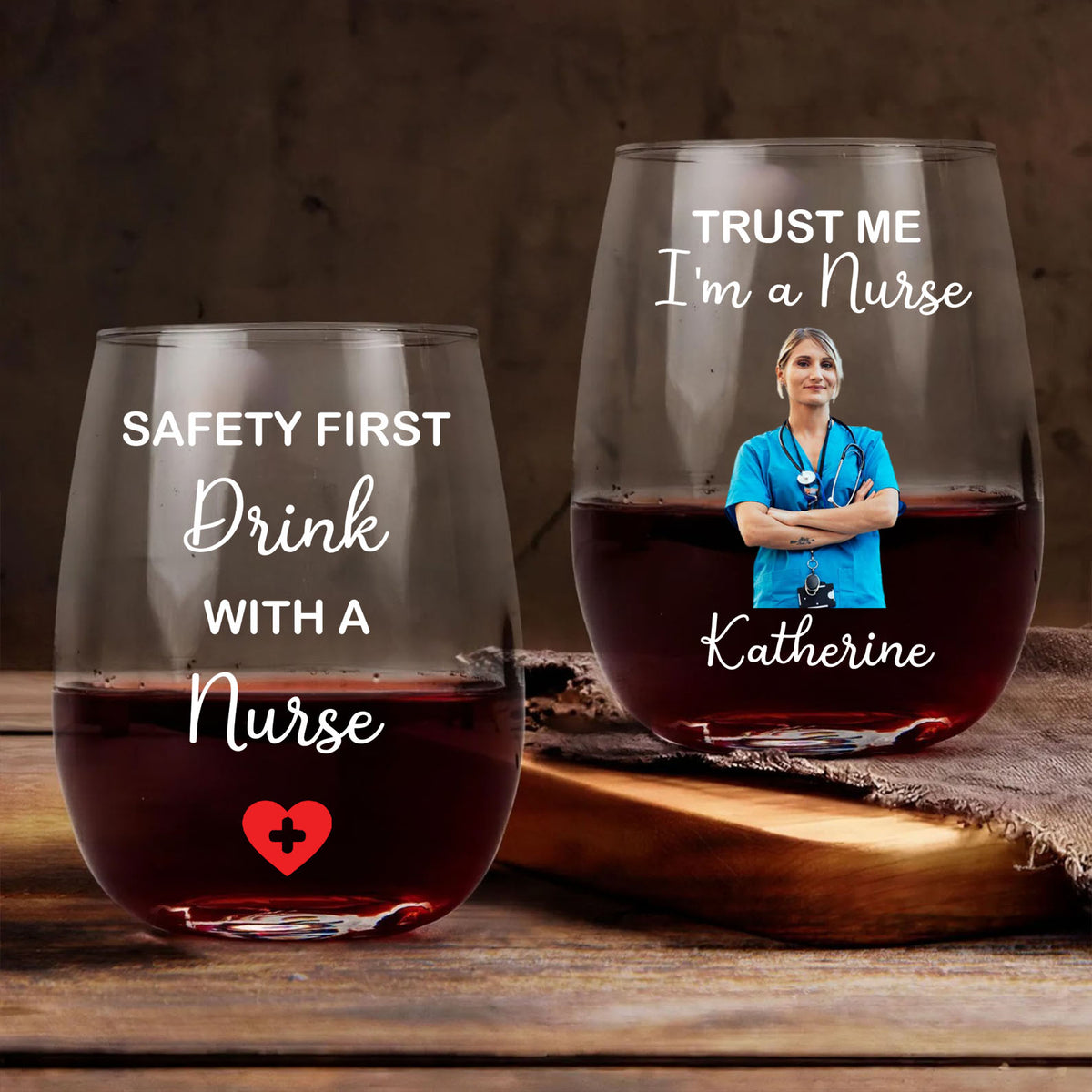 Personalized Safety First, Drink with Nurse Wine Glass | Custom Photo Wine Glass | Personalized Gift For Mom | Gift For Wife 682687