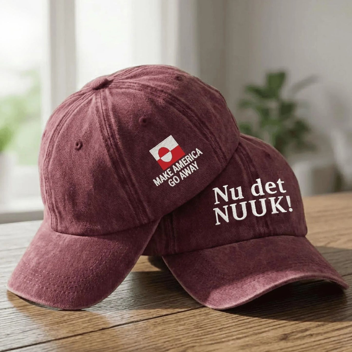 Nu det NUUK! Hands Off Greenland Printed Washed Denim Baseball Cap | Make America Go Away Greenland Hat 684215