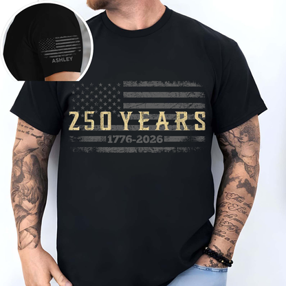 Personalized USA 250 Years Anniversary Dark Shirt | Custom Name Patriotic 4th Of July Front & Right Sleeve Shirt 684775