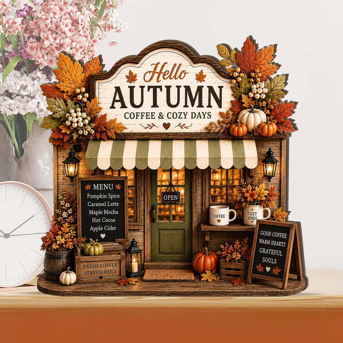Autumn Coffee Shop Wooden Block, Cozy Coffee Bar Decor, Rustic Pumpkin Storefront Sign 685948